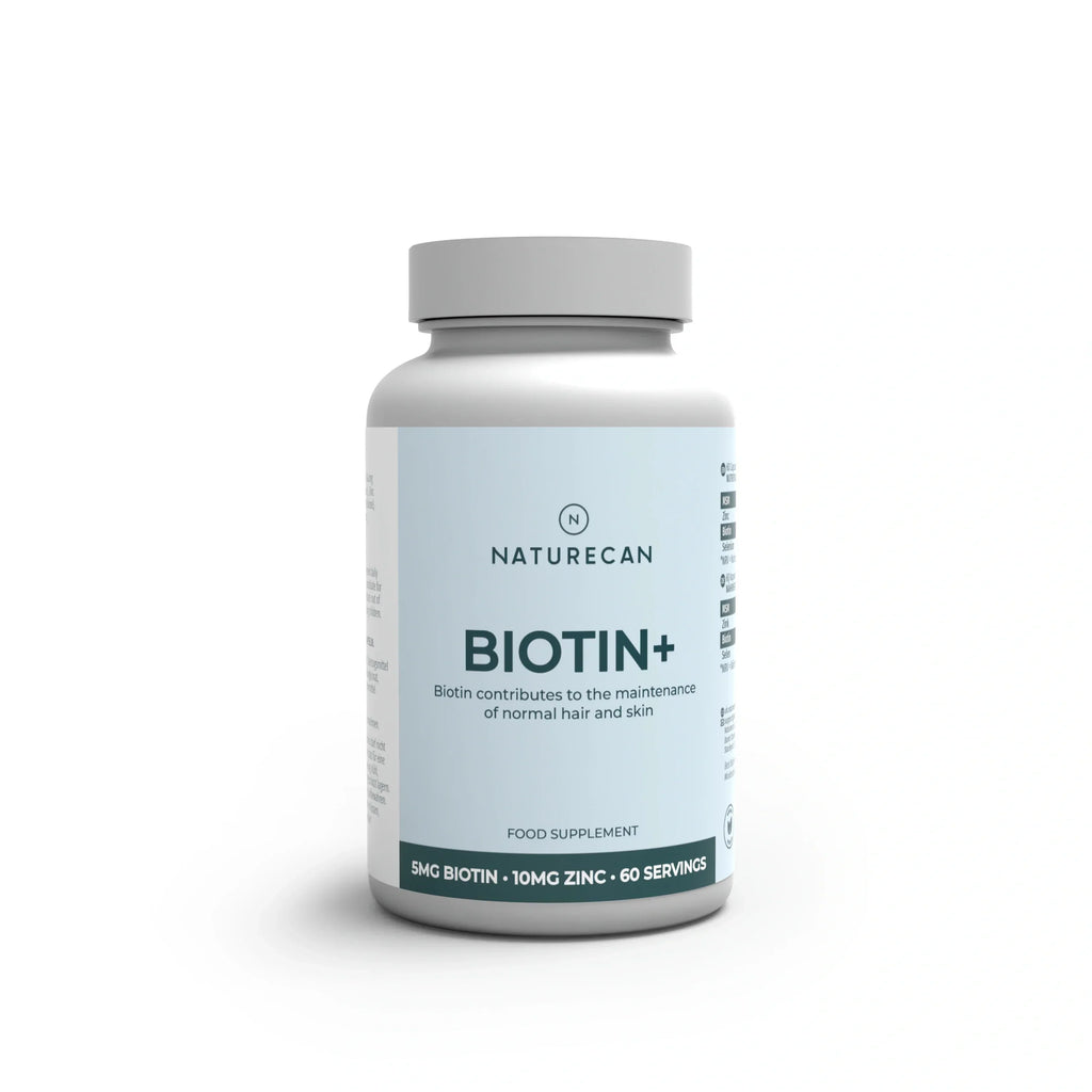 Frasco del suplemento Naturecan Biotina+ sobre fondo blanco