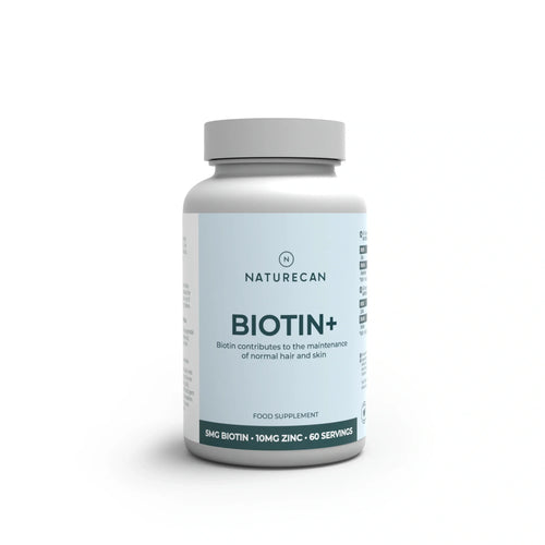 Frasco del suplemento Naturecan Biotina+ sobre fondo blanco