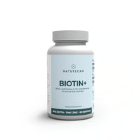 Frasco del suplemento Naturecan Biotina+ sobre fondo blanco