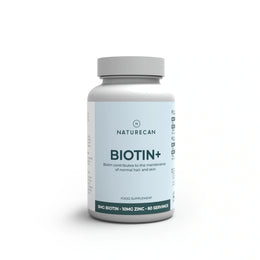 Frasco del suplemento Naturecan Biotina+ sobre fondo blanco