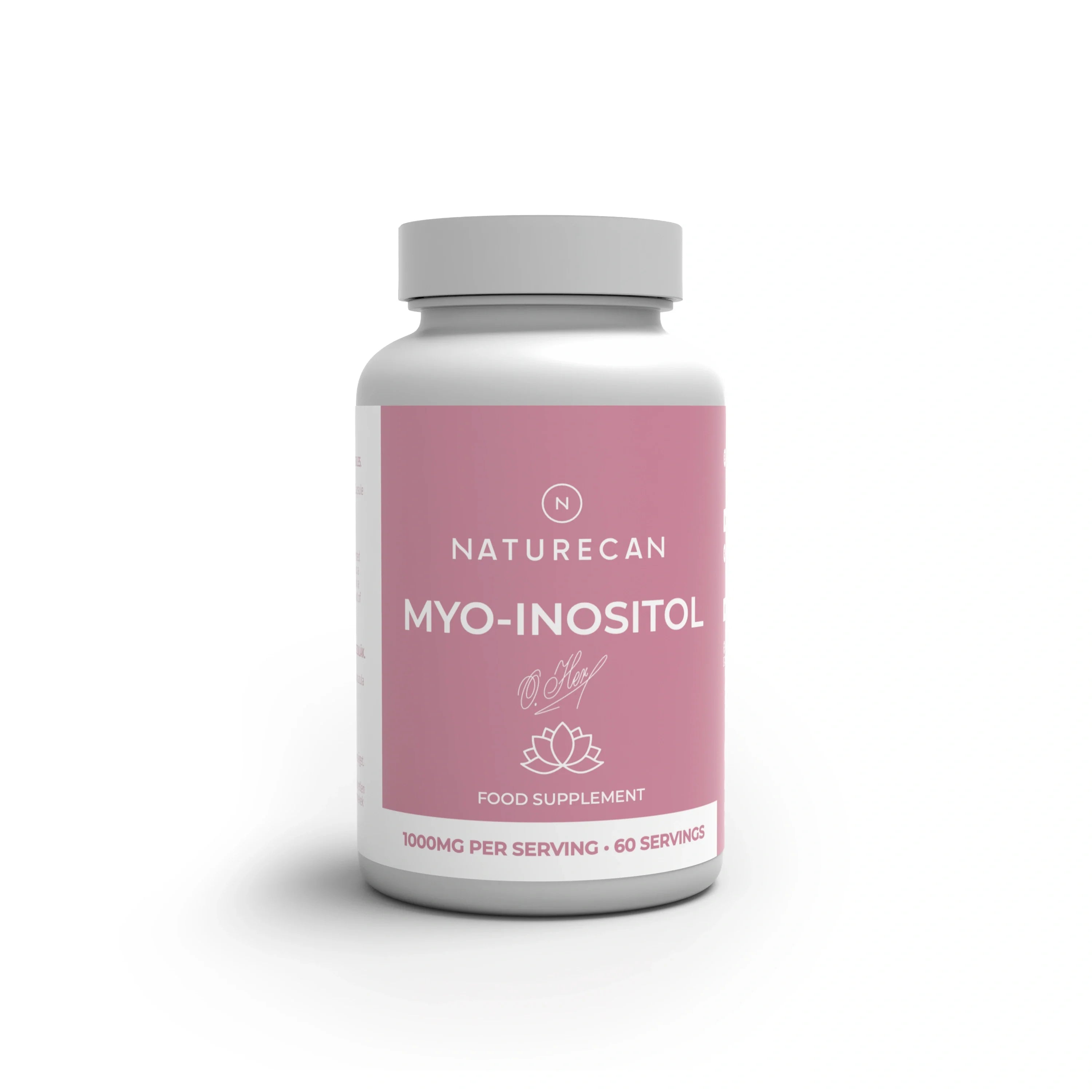 Un frasco blanco del complemento alimenticio Naturecan Myo-Inositol, con una etiqueta rosa y un tapón gris, que aparece sobre un fondo blanco con una sombra suave.