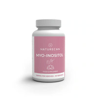 Un frasco blanco del complemento alimenticio Naturecan Myo-Inositol, con una etiqueta rosa y un tapón gris, que aparece sobre un fondo blanco con una sombra suave.