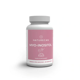 Un frasco blanco del complemento alimenticio Naturecan Myo-Inositol, con una etiqueta rosa y un tapón gris, que aparece sobre un fondo blanco con una sombra suave.